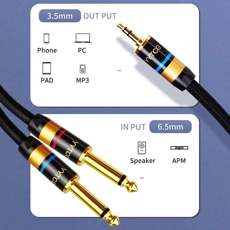 YYTCG Hi-Fi AUX Audiokabel 3,5mm auf Dual 6,35mm TS Y-Splitter, vergoldet, Schwarz - Bild 4