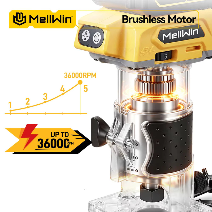 MELLWIN Bürstenloser Holzfräser mit 5 Geschwindigkeiten, kabelloser elektrischer Trimmer-Fräser für Holzbearbeitung, Gravur und Nutenfräsen, kompatibel mit Makita 18V Akku - Bild 3