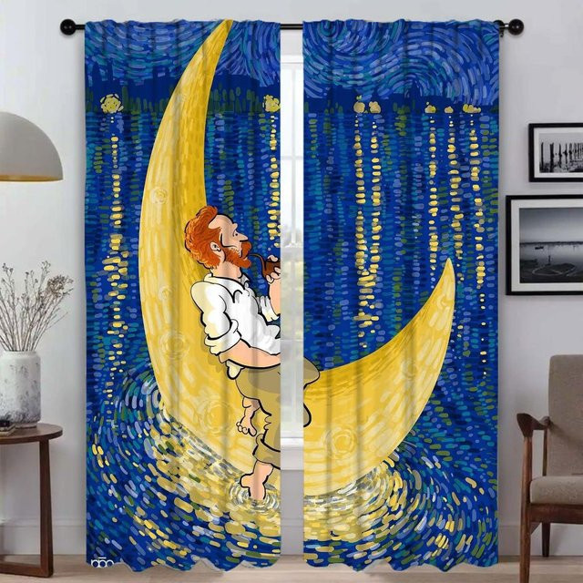 Van Gogh Verdunklungsvorhänge Set aus 2 Stück in Blau, moderne Tüll-Vorhänge für Wohnzimmer und Schlafzimmer, Breite: 50 cm, Höhe: 70 cm - Bild 1