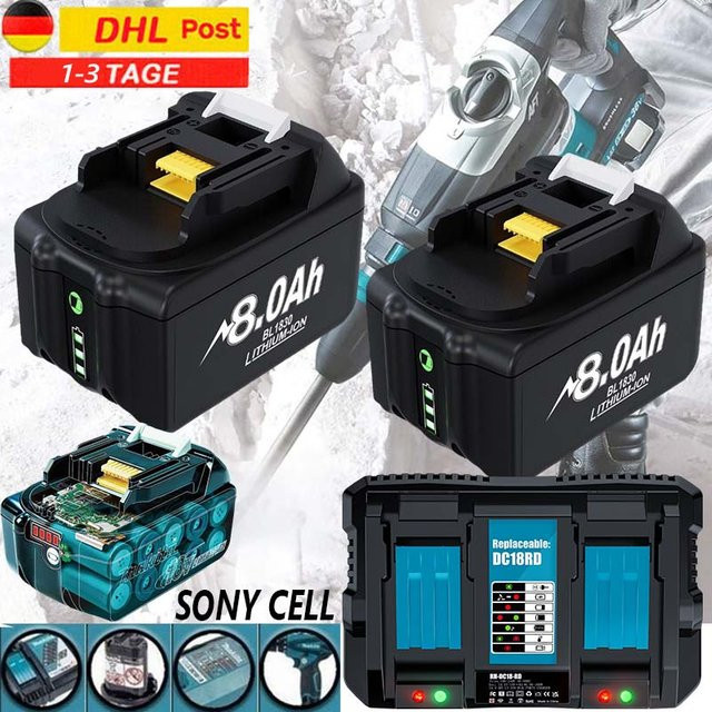 Turpow Ersatz Akku 18V 8000mAh für Makita BL1830 BL1860 BL1850 BL1840B inklusive 6A Ladegerät in Schwarz - Bild 1