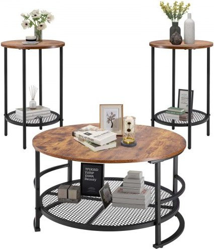 VEVOR 3-teiliges rundes Wohnzimmertisch-Set im Industrie-Design in Braun mit Metallbeinen, bestehend aus einem Couchtisch und zwei Beistelltischen - Bild 1