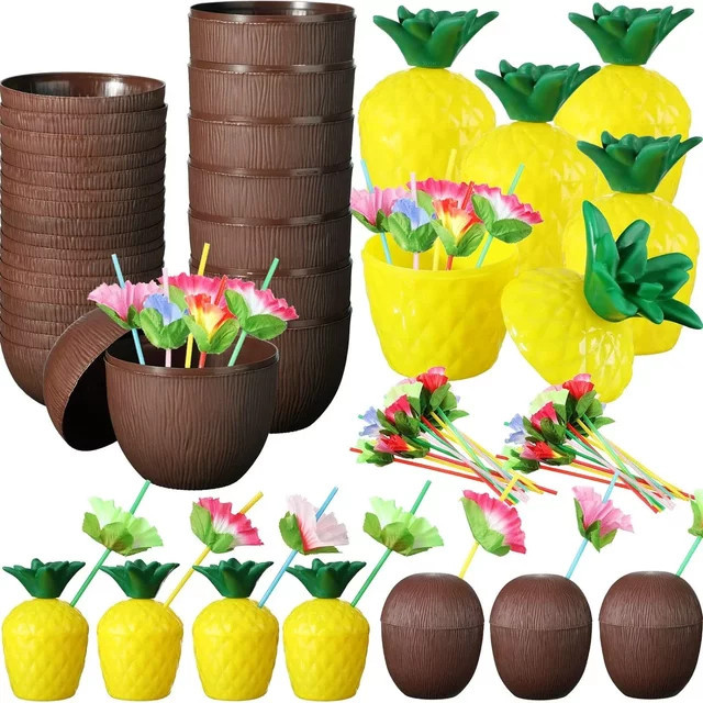 12 Stück tropische Ananas und Kokosnuss Becher aus Kunststoff für deine Hawaii Party und Luau Dekoration, B/T/H: 9,0 x 13,5 x 12,0 cm - Bild 1