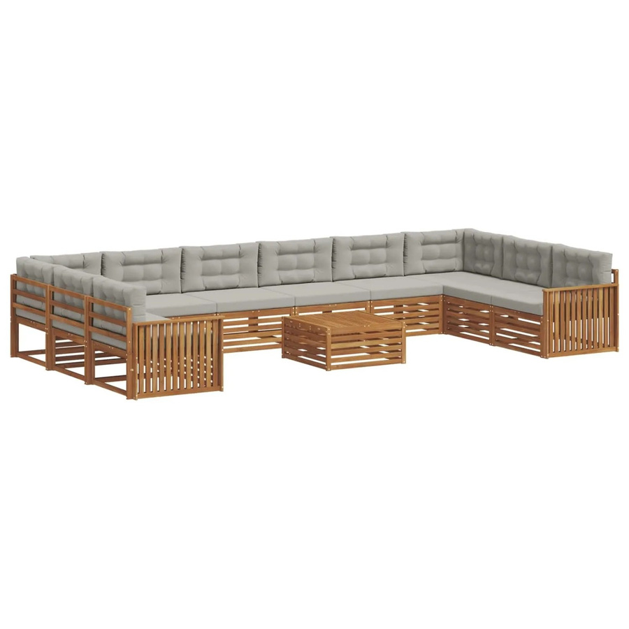 vidaXL Sofagarnitur aus Massivholz Akazie in Natur und Hellgrau, 11-teiliges Lounge-Set in U-Form mit Tisch und Kissen - Bild 2