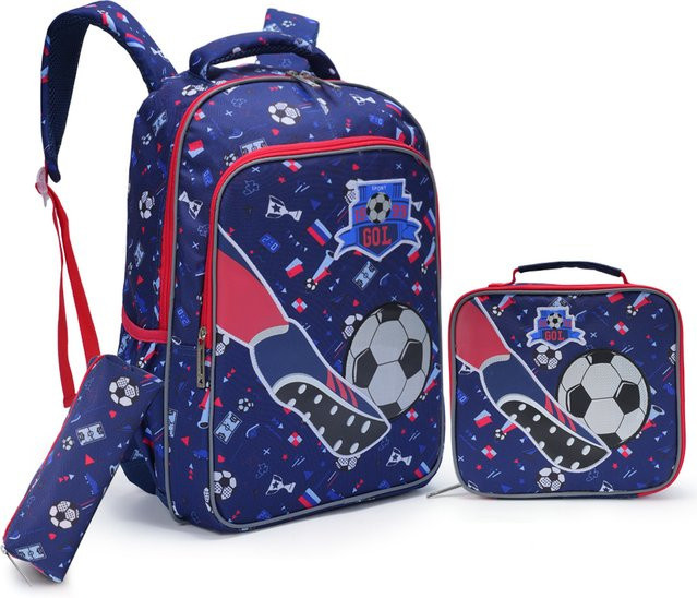 3-teiliges BLING BABIES Schulset für Jungen mit 17-Zoll-Rucksack, Lunchbox und Stifttasche im Cartoon-Fußball-Design mit Leuchteffekt in Blau - Bild 1