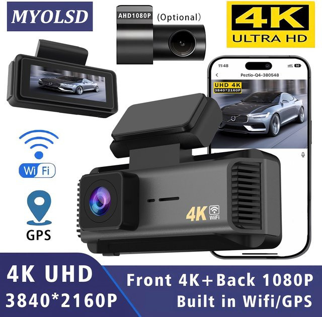 MYOLSD Dashcam 4K Dual-Objektiv mit WLAN und GPS, Auto-DVR Vorne und Hinten, Schwarz - Bild 1