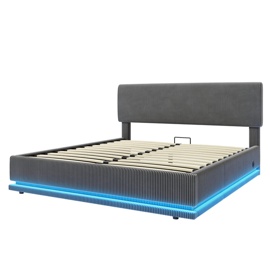 okwish Polsterbett mit LED-Kopfteil und USB-Ladeport, Grau, B/T/H: 160 x 200 x 112 cm - Bild 2