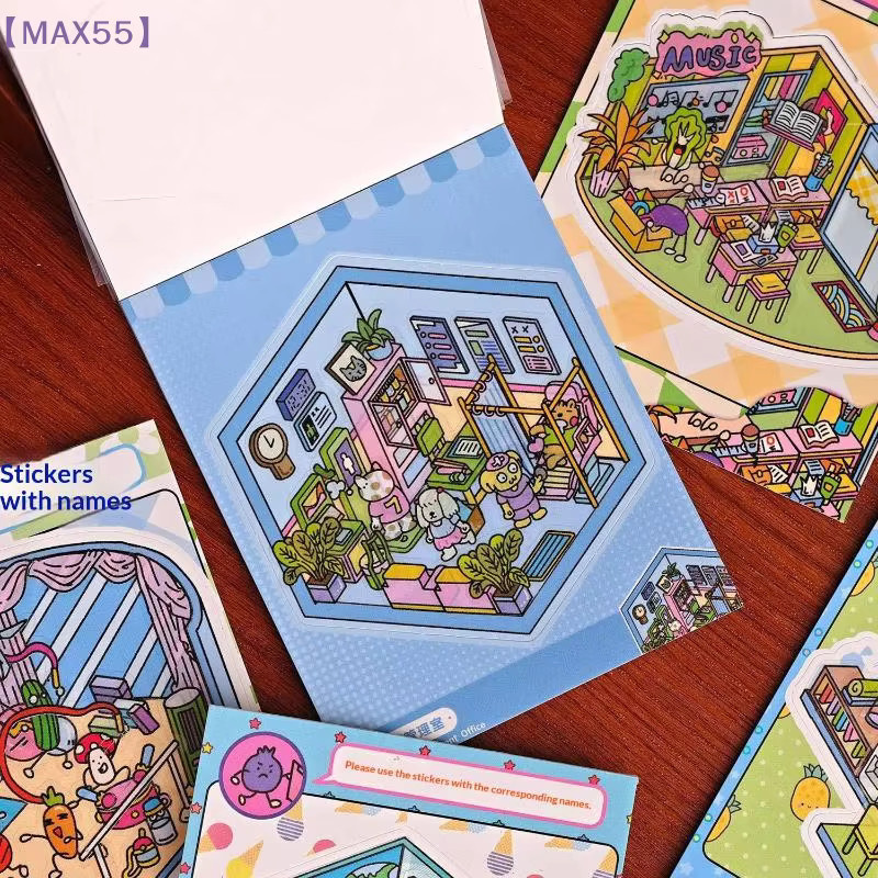 MAX-55 Life Shadow Serie Mini-Notizbuch mit dreidimensionalen Landschafts-Stickern und Cartoon-Studenten-Motiven, Multicolor, Softcover, A8 - Bild 2