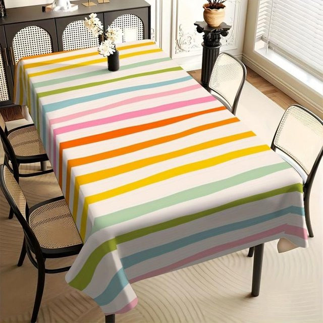 Bunte gestreifte rechteckige Tischdecke von JMG Household Supplies in Rosa, Gelb und Grün, wasserabweisend und waschbar, B/T: 140 x 140 cm - Bild 1