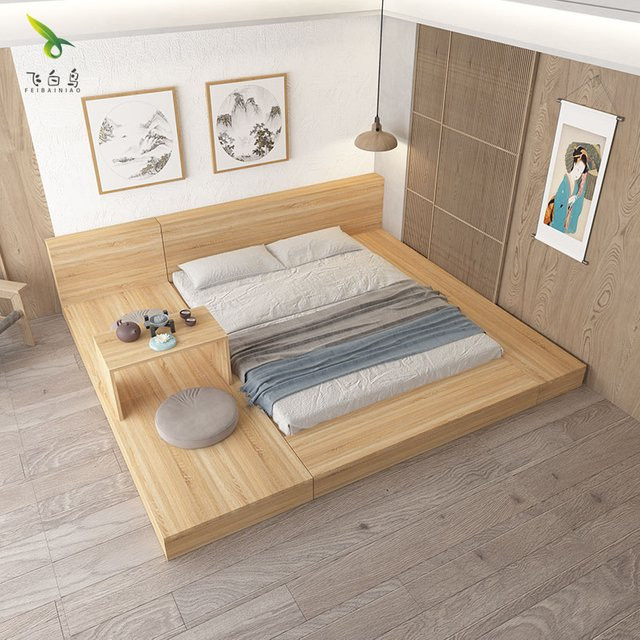 Modernes Tatami-Niedrigbett im japanischen Stil als Doppelbett mit Boden-bis-Decke Paneelen in Beige aus Holz und Echtholzwerkstoff - Bild 1