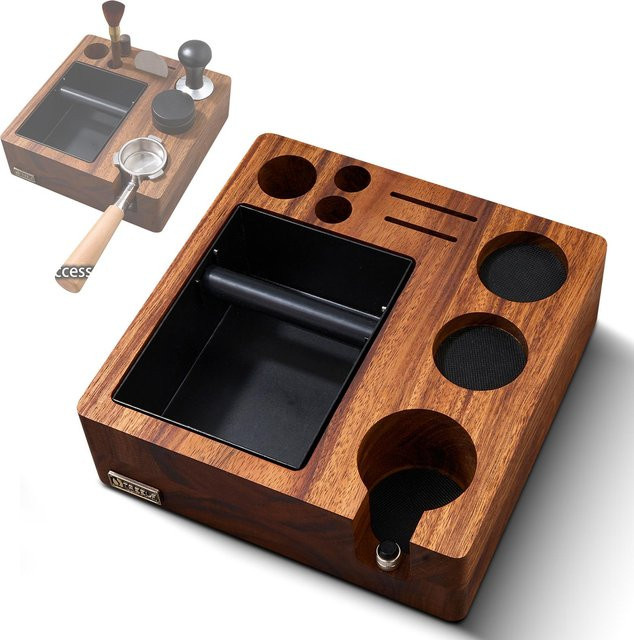TREELF 3 in 1 Espresso-Knockbox und Tamping Station mit Anti-Druck-Pad für 51/54mm Siebe, Braun - Bild 1