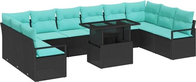 vidaXL Garten-Sofa-Set 11-tlg. in U-Form aus Poly-Rattan mit Kissen, Schwarz und Blau - Bild 1