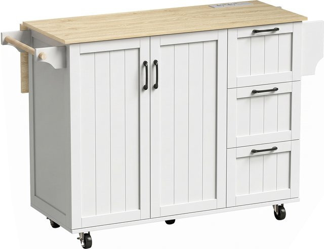 HOMCOM Kücheninsel mit ausziehbarer Arbeitsplatte und Ladestation in Weiß mit 2 Türen, 3 Schubladen und Rollen - Bild 1