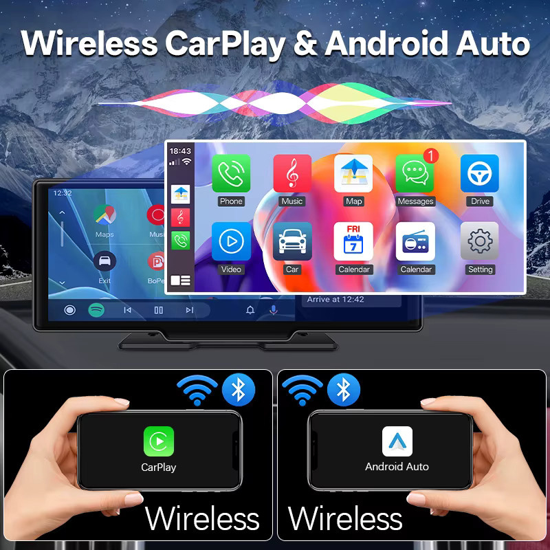Hippcron Tragbares Autoradio mit 10,26 Zoll 4K Dash Cam, Drahtloses CarPlay und Android Auto, IPS Touchscreen, Bluetooth und Dual Lens, Schwarz - Bild 2