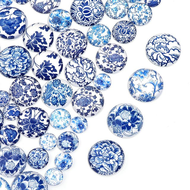 Louleur Porzellan-Glas-Cabochons, Blau-Weiß, Rund, Flach - Bild 1