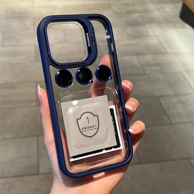 Yiran Bag Transparente Handyhülle mit Luxus-Ständer und Kameraobjektivschutz für iPhone 15 Pro, Blau - Bild 1