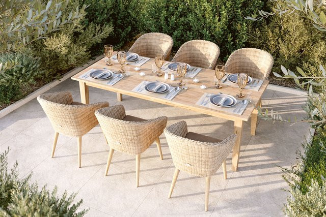 OUTFLEXX Borneo Garten-Essgruppe aus Polyrattan und Akazienholz in Beige, bestehend aus einem rechteckigen Tisch und 6 Cocktail-Sesseln, FSC-zertifiziert, Tisch B: 220 cm, T: 100 cm, H: 84 cm - Bild 1