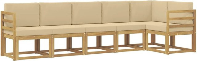 vidaXL Outdoor-Sofagarnitur 6-teilig in L-Form aus Akazienholz mit Kissen in Weiß und Beige - Bild 1