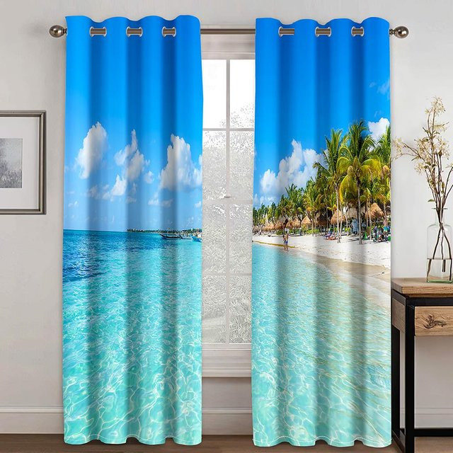2er Set Vorhang mit Strand und blauem Meer Landschaftsmotiv, semi-transparent, Farbe Blau, B: 135 cm, H: 165 cm - Bild 1