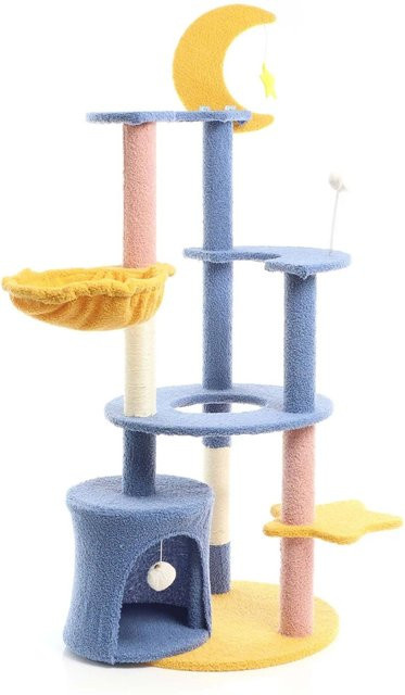 Fudajo Kratzbaum Mond und Sterne in Blau Glänzend mit Hängematte und integriertem Spielzeug aus Plüsch und Sisal, Höhe: 132 cm - Bild 1