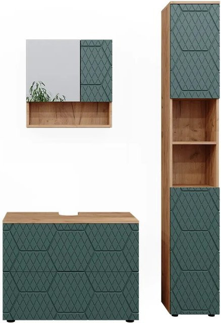 Vicco Badmöbel-Set Irma Eiche Grün/Gold 3-teilig mit Hochschrank und Waschbeckenschrank - Bild 2