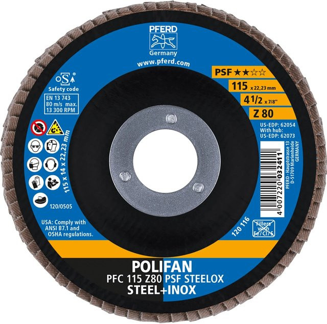 PFERD Polifan PSF PFC Steelox Fächerscheibe für Metall, Blau, Durchmesser: 115 mm, Breite: 80 mm - Bild 1