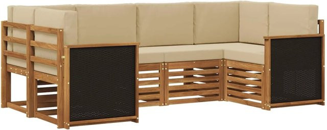 vidaXL Ecksofa Set aus massivem Akazienholz und Polyester in Natur-Beige - Bild 1
