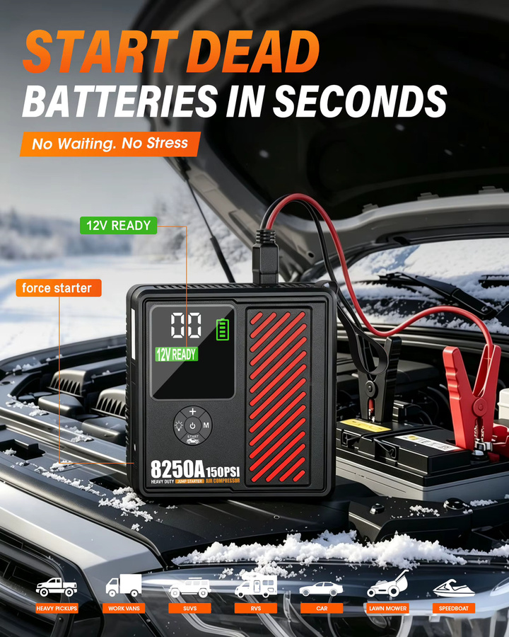 AdoreTrip Auto-Starthilfegerät 8250A Powerbank mit integriertem Luftkompressor 150PSI Reifenfüller in Schwarz - Bild 3