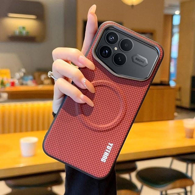Magnetische PU-Lederhülle mit Kohlefaser-Textur und Metallknopf für Xiaomi Redmi K90 Pro Max und Redmi K90 in Schwarz oder Rot - Bild 1