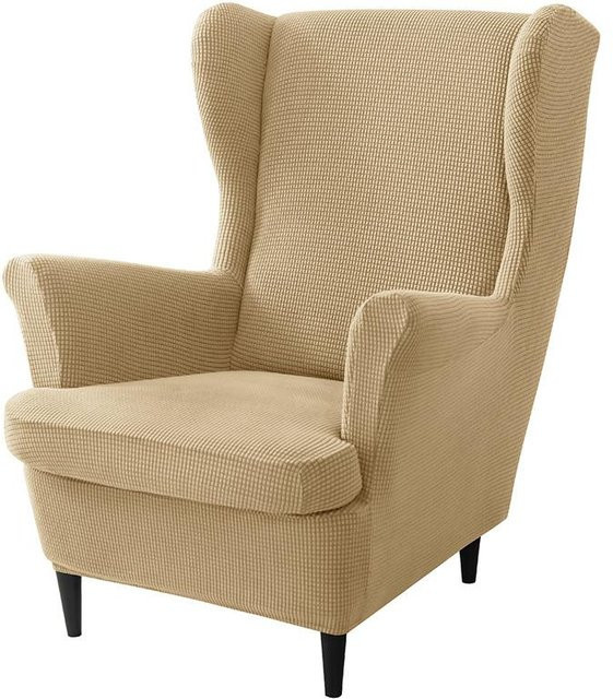 3-teiliges Jacquard-Set für Hochlehner-Sessel und Hocker inklusive Kissenbezug, beige, elastisch und rutschfest - Bild 1