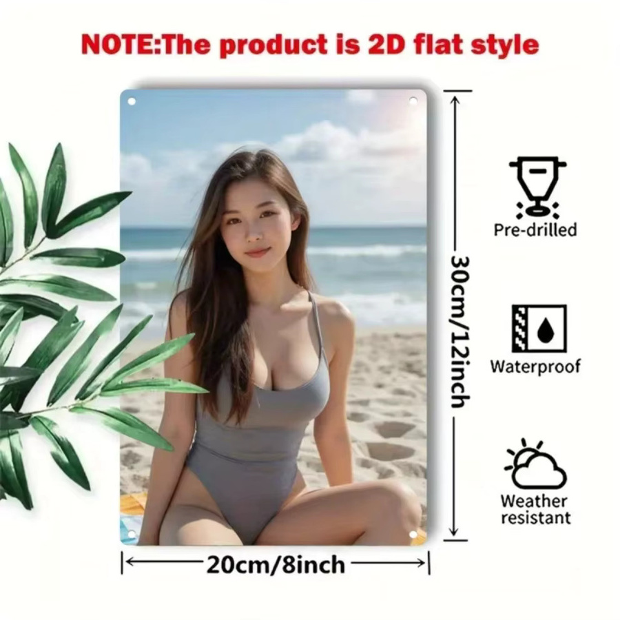 CIFBUY Retro Metall-Wandkunst Tropischer Strand mit Frau im Badeanzug, Wanddeko für Bar und Café, Höhe: 30,0 cm, Breite: 20,0 cm - Bild 2