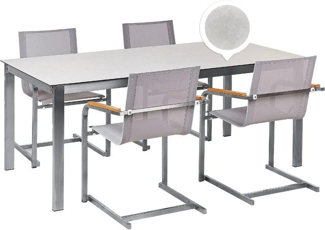 Beliani Gartentisch Set COSOLETO in Weiss, Beige und Silber mit Keramik, Glas und Edelstahl - Bild 1