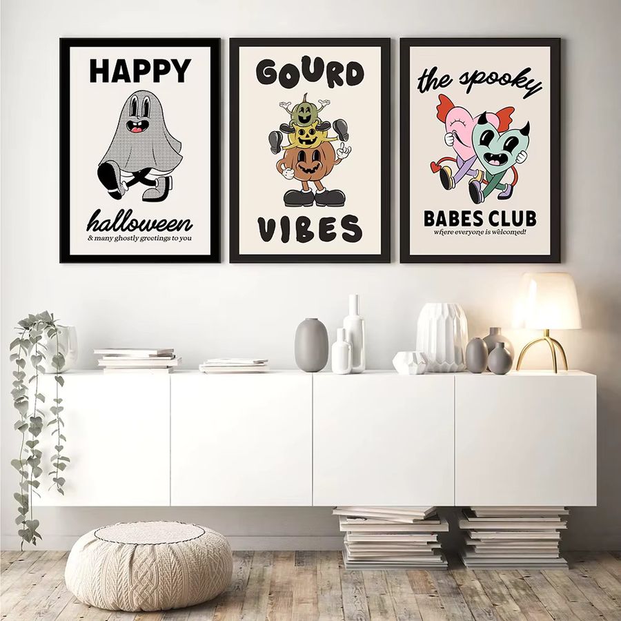 Potdemiel Nordic Halloween Leinwandmalerei mit Cartoon Schädel und Geist als abstrakte Retro Wandkunst für dein Wohnzimmer - Bild 2