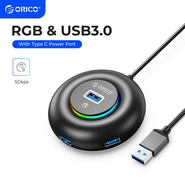 ORICO RGB USB 3.0 und USB-C Hub mit Power Port, 5 Gbit/s Multi Splitter OTG Adapter für PC und MacBook Pro, Schwarz - Bild 1