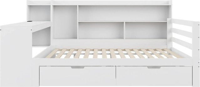 KOMHTOM Schlafsofa mit Steckdose und 2 Staufächern aus Holz in Weiß, B/T/H: 200 x 140 x 82 cm - Bild 1