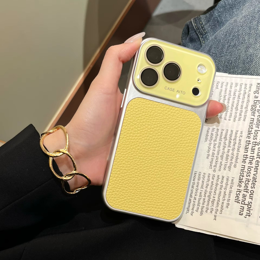 Apple Handyhülle aus PU-Leder in Litchi-Textur mit Linsenschutz und Stoßfänger für iPhone 17 16 15 14 Pro Max 13, Gelb - Bild 3