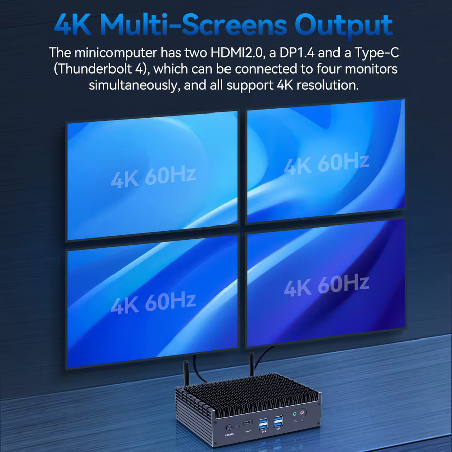 Lüfterloser Mini-PC mit Intel 13. Generation I7 1355U oder I5 1335U, Dual-DDR4, 2x M.2 NVME SSD-Steckplätzen, Windows 11, 4K UHD, WiFi6 und Thunderbolt 4, Schwarz - Bild 2