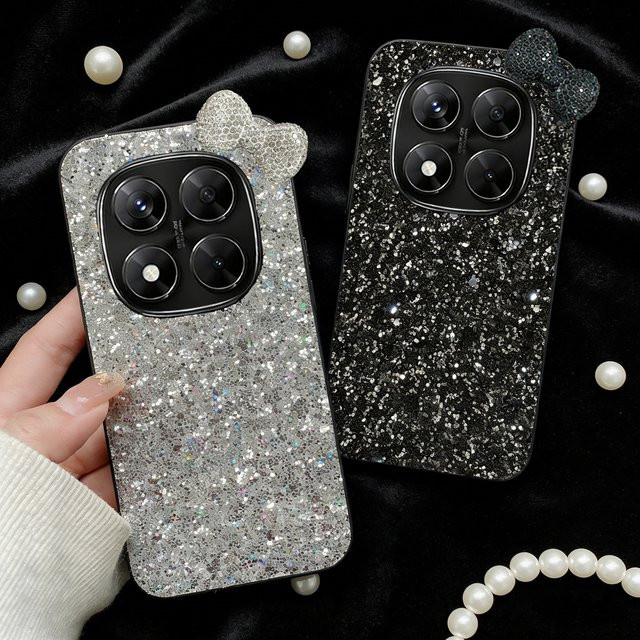 Luxuriöse Handyhülle mit Strass-Schleife und Glitzer aus Kunstleder für Xiaomi Redmi Note 14 15 Pro 4G 5G in Weiß und Silber - Bild 1