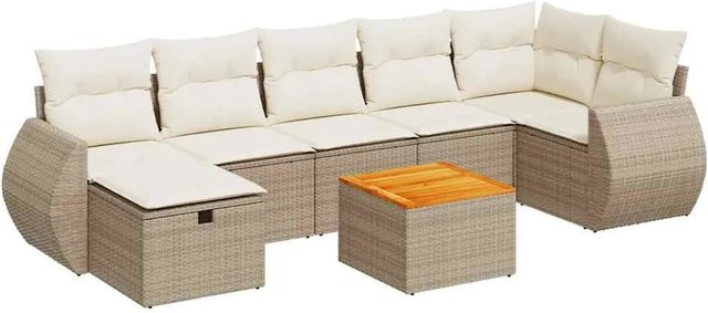 vidaXL 8-tlg Garten-Sofagarnitur in L-Form aus Polyrattan und Akazienholz mit Kissen in Beige-creme - Bild 1