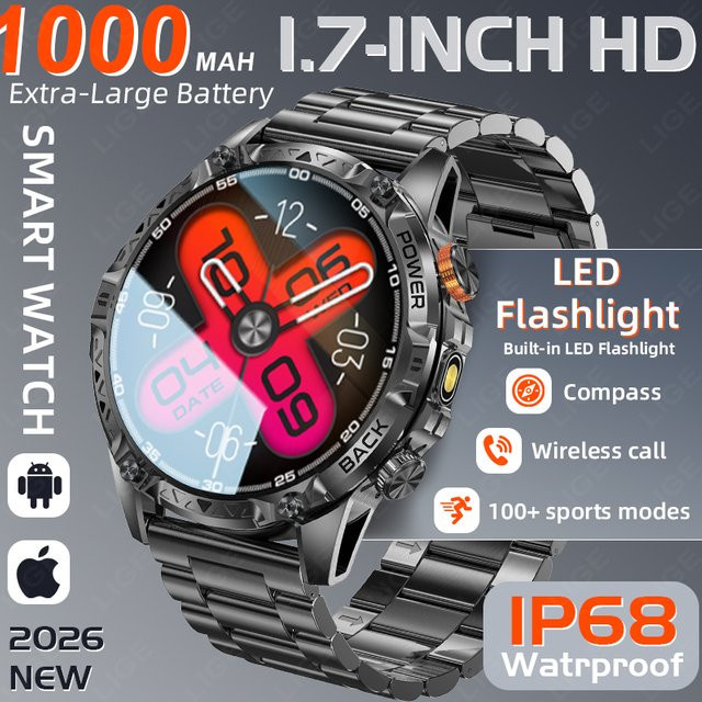 LIGE Outdoor Sport Smartwatch für Herren in Schwarz mit 1000mAh Akku, Bluetooth-Anruffunktion, wasserdicht und integrierter Taschenlampe - Bild 1