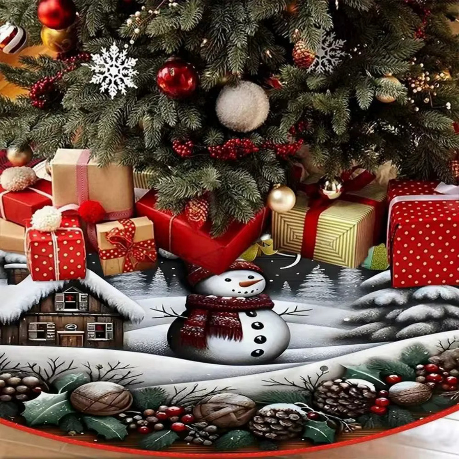 VIKAMA Weihnachtsbaumrock mit Schneemann- und Hüttenszene, runde Polyester-Unterlage in Multicolour für deine Weihnachtsdekoration innen und außen - Bild 3
