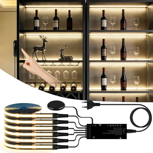 CHNAITEKE COB LED-Streifenlicht in Walnuss-Optik mit Touch-Dimmer, 12V Warmweiß, Schwarz, ideal für TV-Wand und Schrank-Dekor - Bild 1