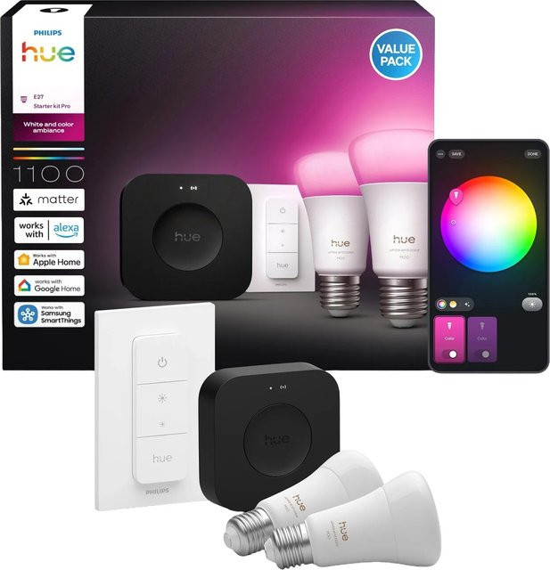 Philips Hue LED Leuchtmittel E27 2er Set Multicolor Weiß mit Bluetooth, WLAN und ZigBee, 2200 Lumen, 8,1 W - Bild 1