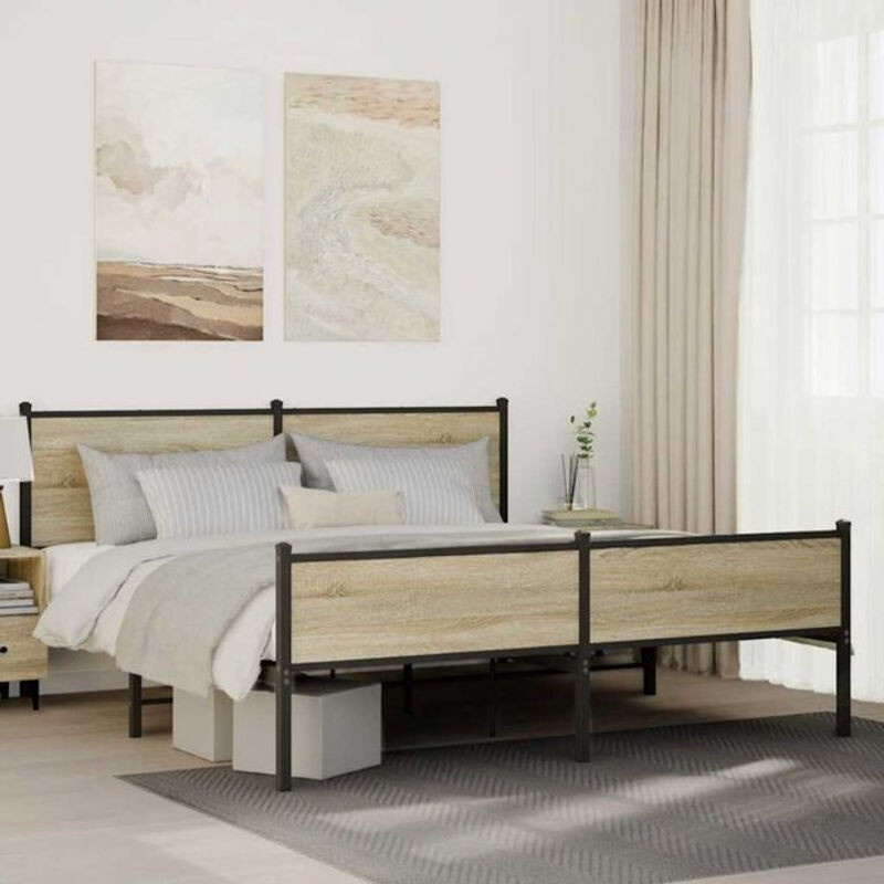 Metallbett Vidaxl in Sonoma-Eiche Natur und Braun im Industrial-Stil, B/T/H: 160 x 200 cm - Bild 1