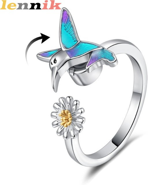 LENNIK Ring, Emaille, Kolibri, Gänseblümchen, Zirkonia, Unisex - Bild 1