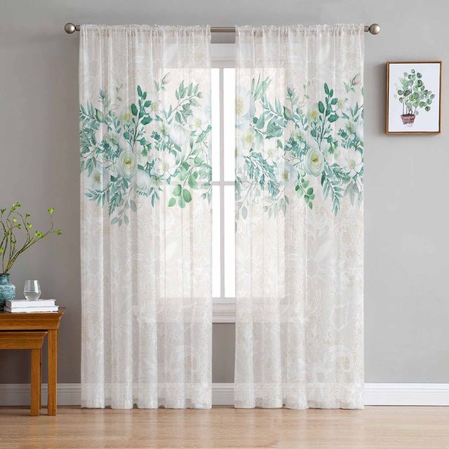 Super Six Chiffon Fenstervorhang mit Aquarell Blumen und Blättern in Weiß, Breite: 135 cm, Höhe: 114 cm - Bild 1
