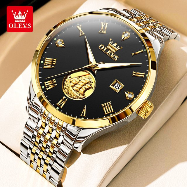OLEVS Armbanduhr Automatik, Edelstahl, Gold, Schwarz, Herren - Bild 1