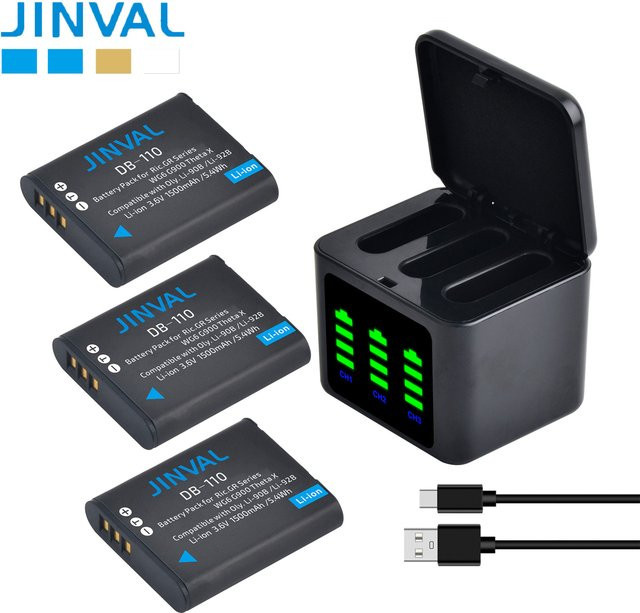 JINVAL Akku LI-90B LI-92B 1500mAh mit schnellem Dreifach-Ladegerät für Ricoh GR III HDF GR IIIx THETA X sowie Olympus Tough TG-5 TG-6 in Schwarz - Bild 1