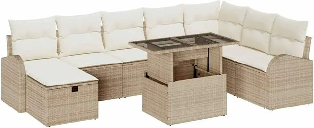 vidaXL Garten-Sofa-Set aus Poly Rattan in Beige, 9-teiliges L-Shape Lounge-Set mit Kissen und integriertem Stauraum - Bild 1