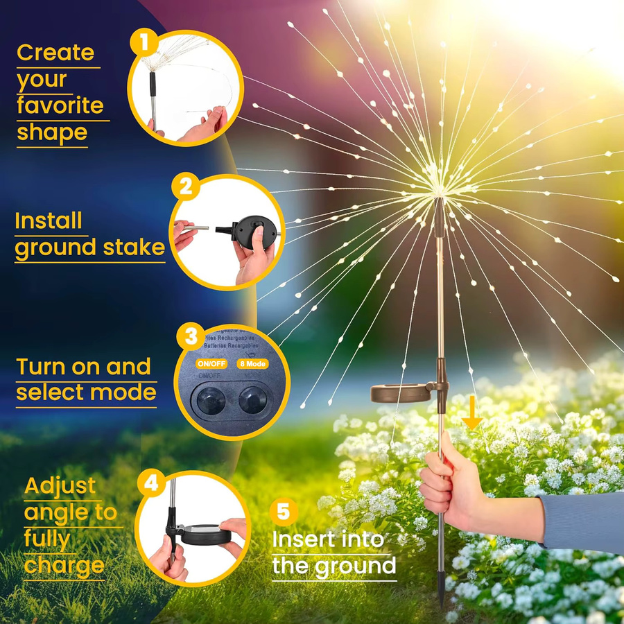 GHUSTAR 4er Set Solar-Gartenleuchten mit 200 RGB LED Feuerwerks-Effekt, wasserdichte Mehrfarben Außenbeleuchtung für Garten und Terrasse, Schwarz - Bild 7