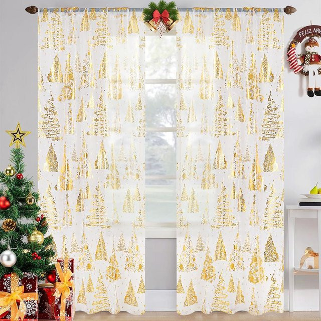 Yiran Furniture Weihnachtsbäume Vorhang mit Goldfolie, semi-transparent, Farbe: Weiß-Gold, B: 100 cm, H: 130 cm - Bild 1